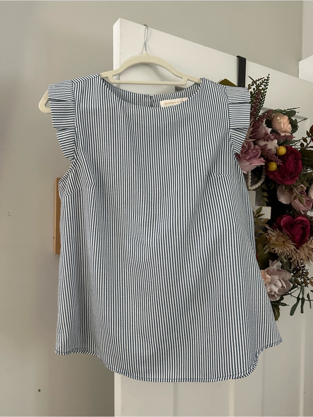 Monteau Navy and White Striped Flutter Sleeve Blouse